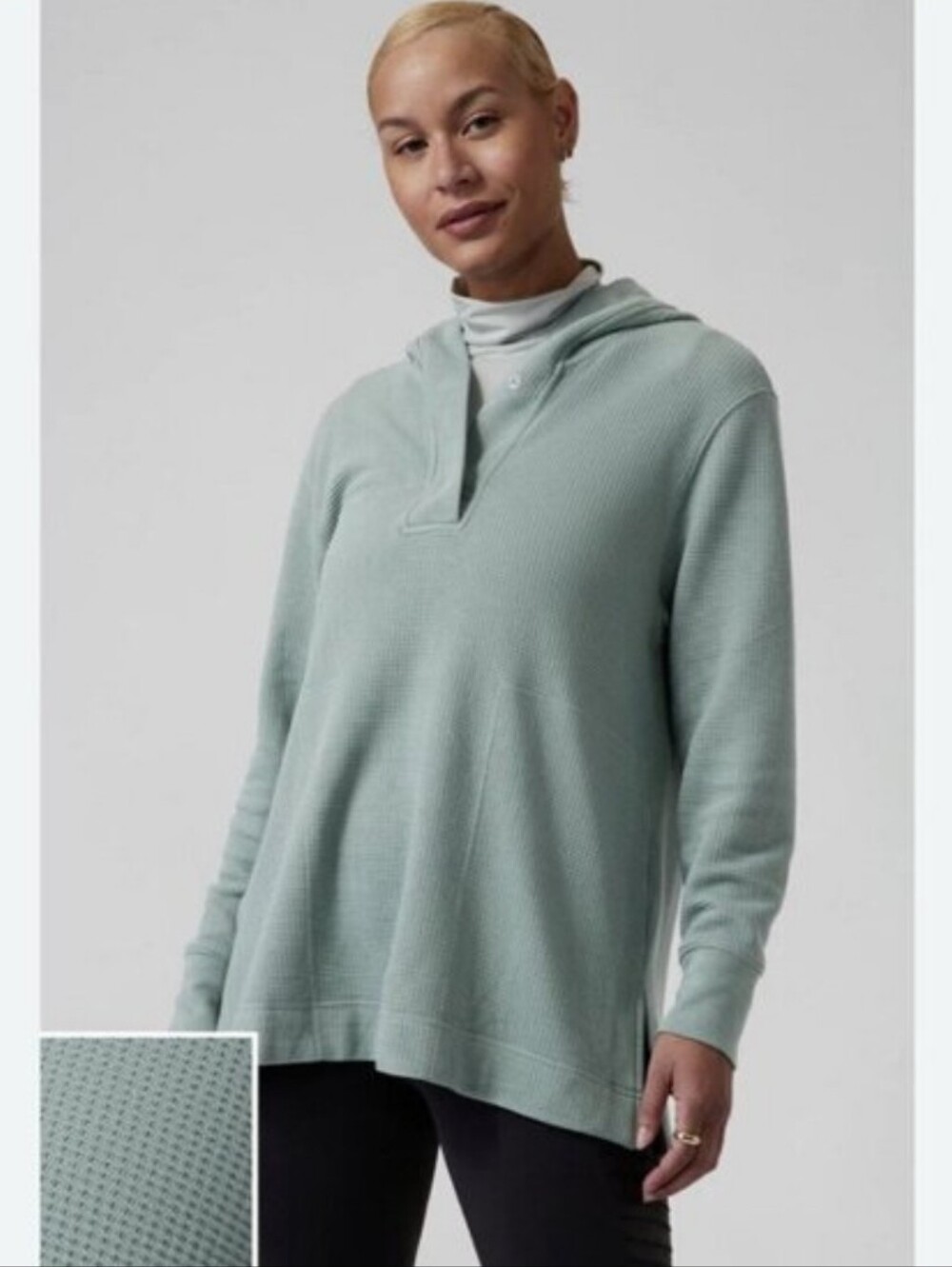 Athleta Coaster Luxe‎ Waffle Hoodie Womens Large Green Blue Pullover Top Relaxed